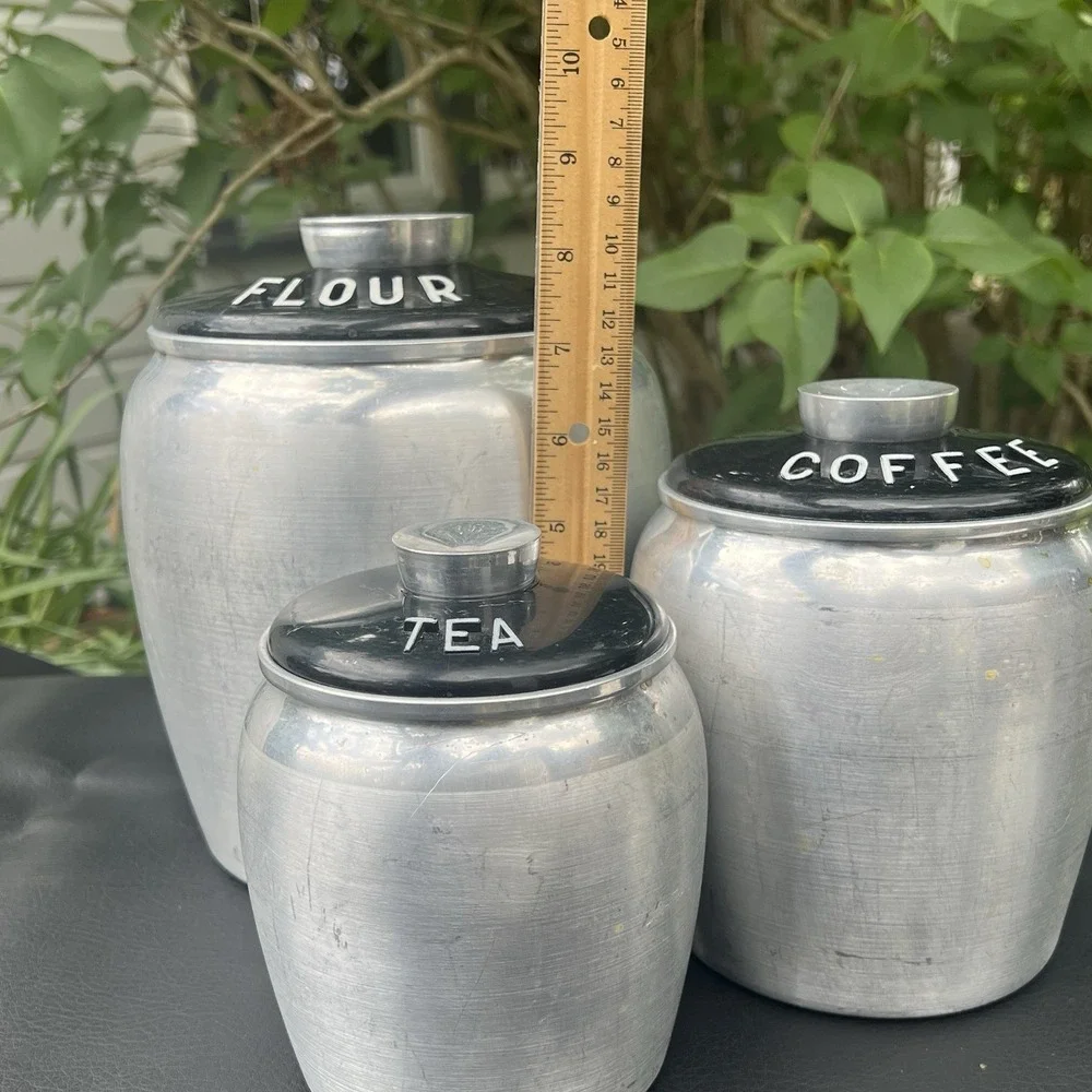 Vtg Kromex 3 Canister Spun Aluminum Flour Coffee Tea - Retro Kitchen Set w/lids